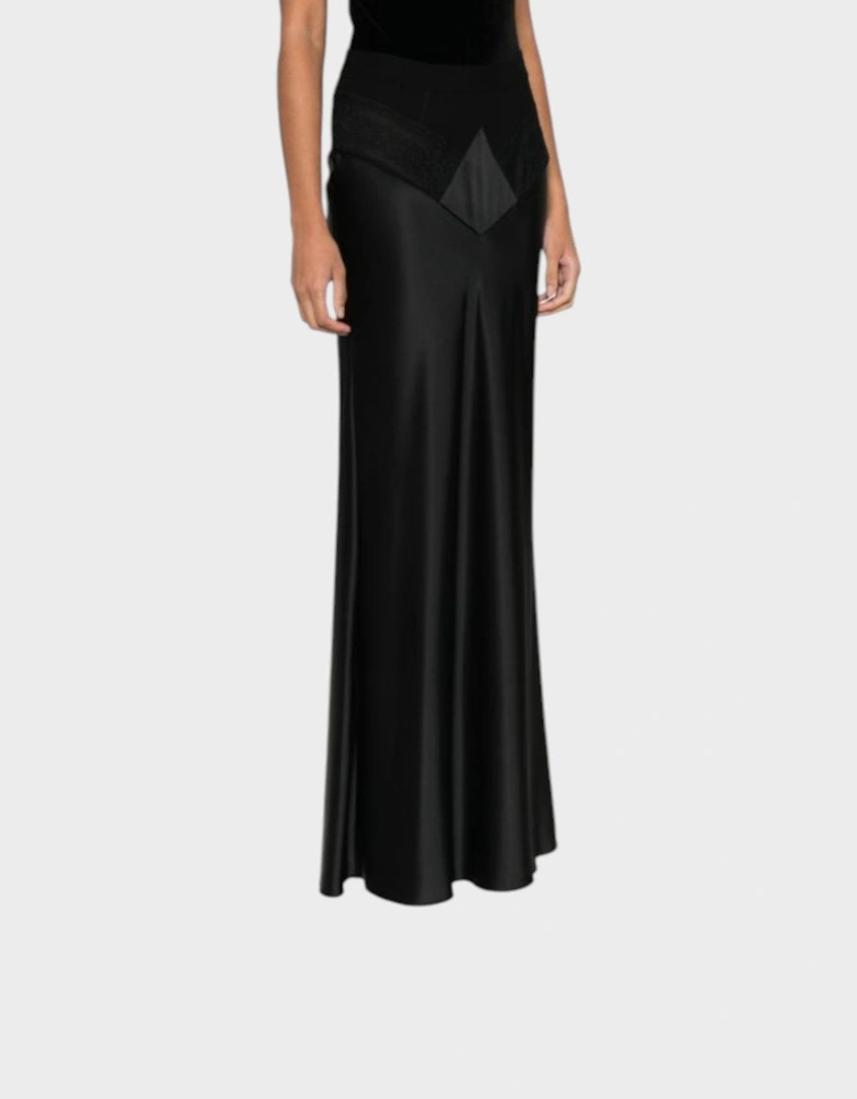 Satin Lace Long Skirt Black