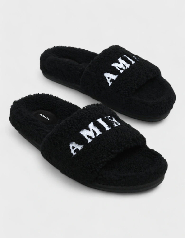 Shearling Fur Logo Slippers Black