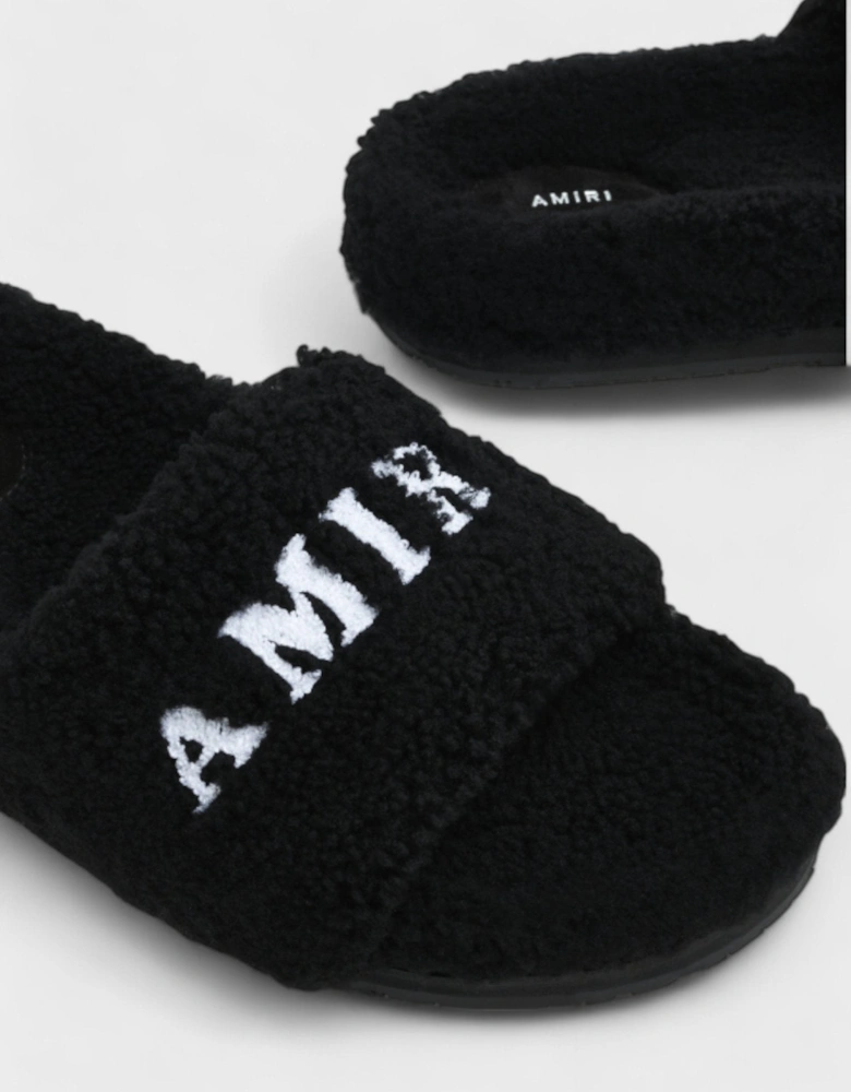 Shearling Fur Logo Slippers Black