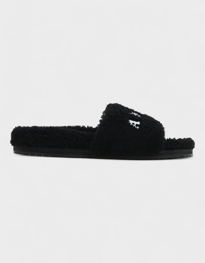 Shearling Fur Logo Slippers Black