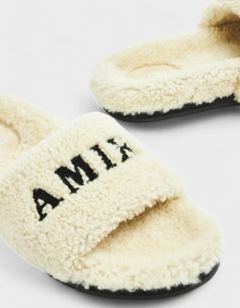 Shearling Fur Logo Slippers Beige