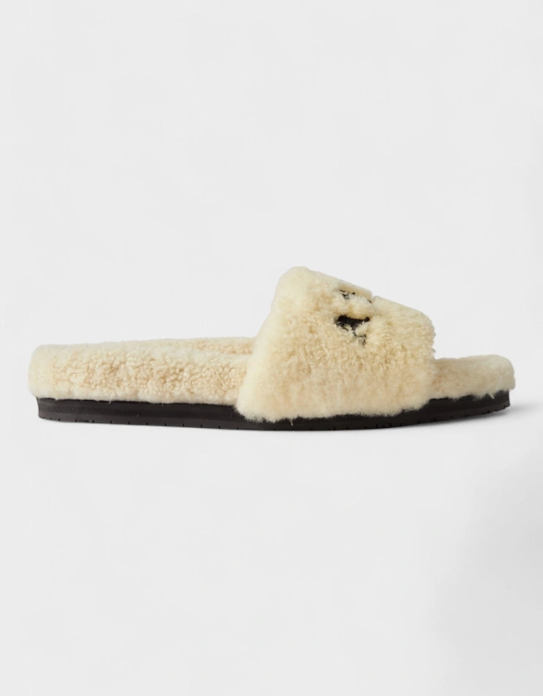 Shearling Fur Logo Slippers Beige