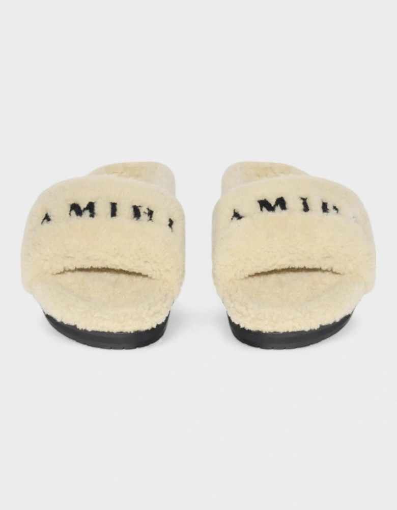 Shearling Fur Logo Slippers Beige