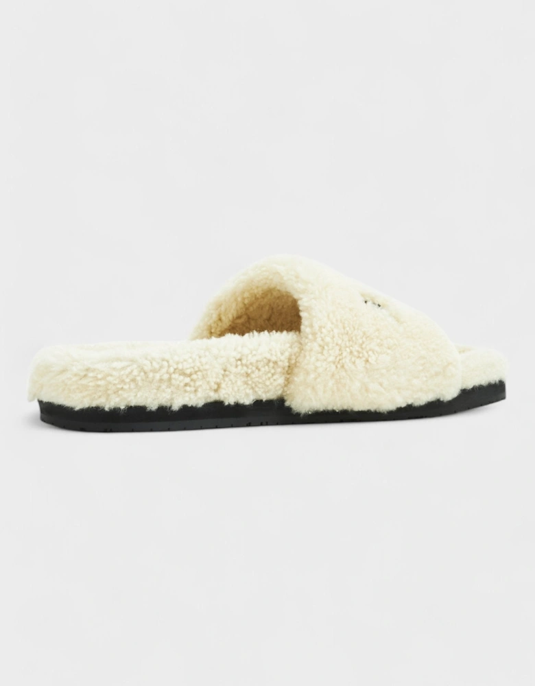 Shearling Fur Logo Slippers Beige