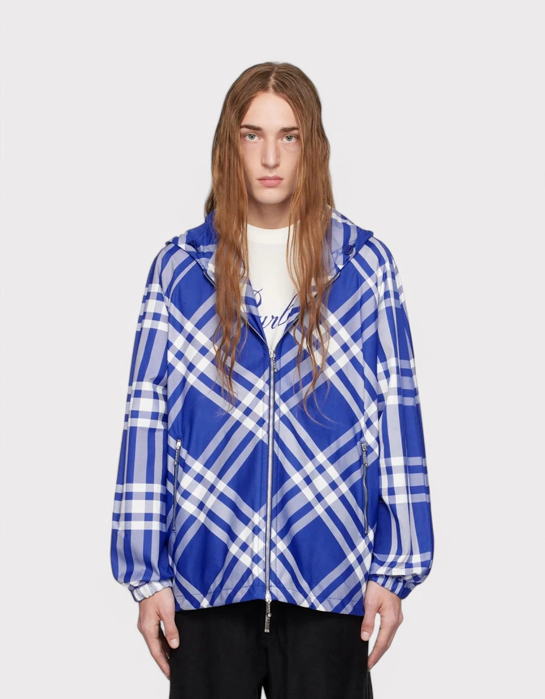Check Pattern Hooded Jacket Blue