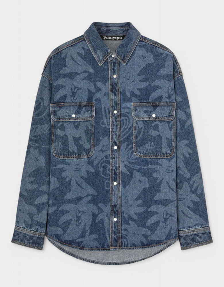 Palmity Laser Print Denim Shirt Light Blue