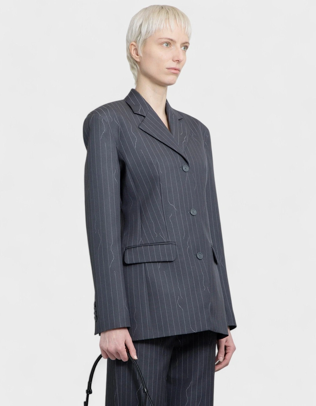 Pinstripe Fitted 3 Button Blazer Jacket Dark Drey
