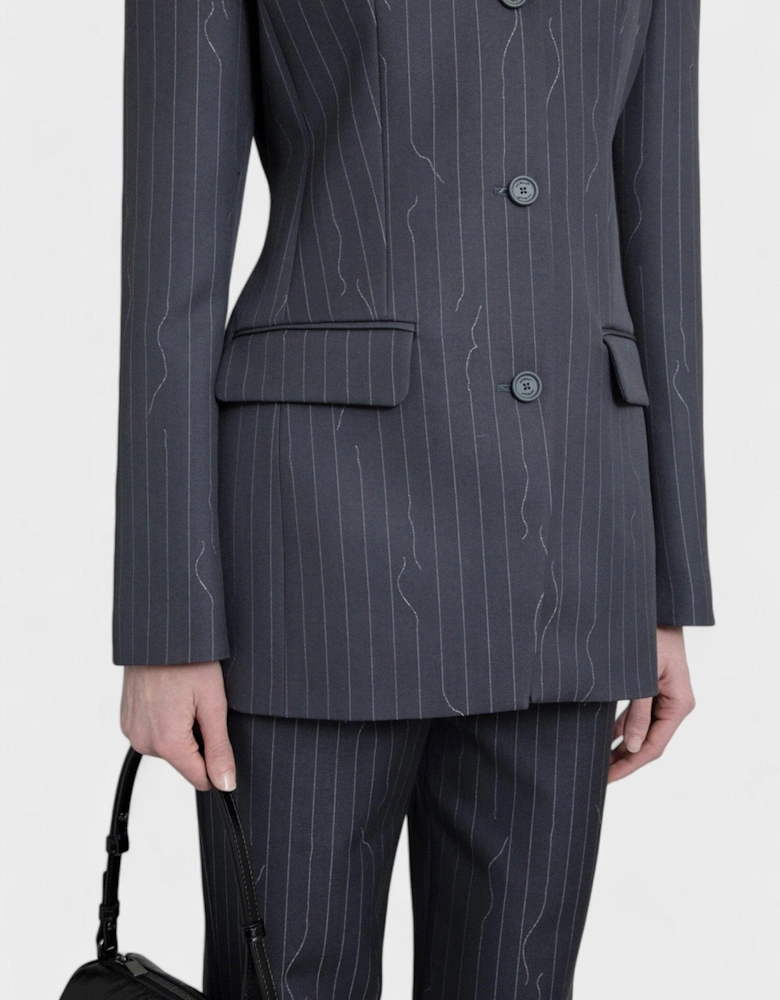 Pinstripe Fitted 3 Button Blazer Jacket Dark Drey