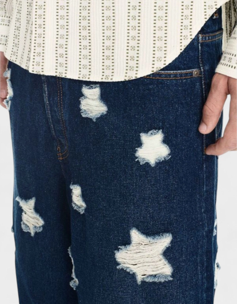 Stars Denim Ripped Shorts Blue