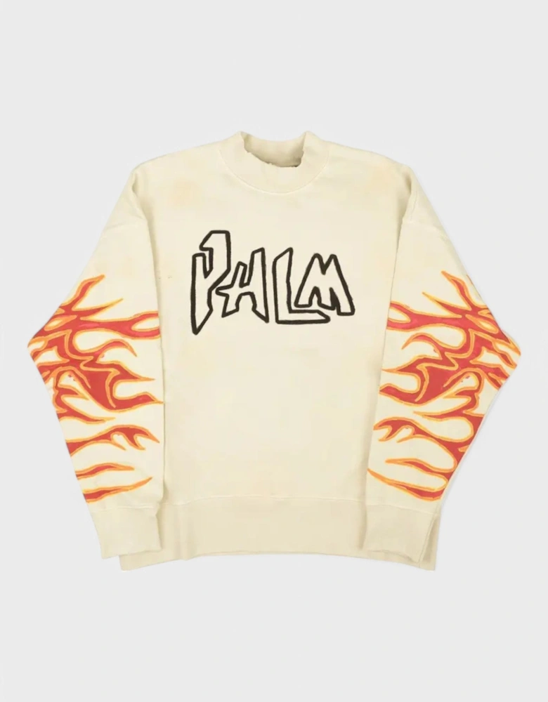 Garment Dye Palm Graffiti Flames Sweatshirt Off White/Black