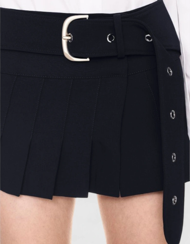 Stretch Belted Pleated Miniskirt Blue