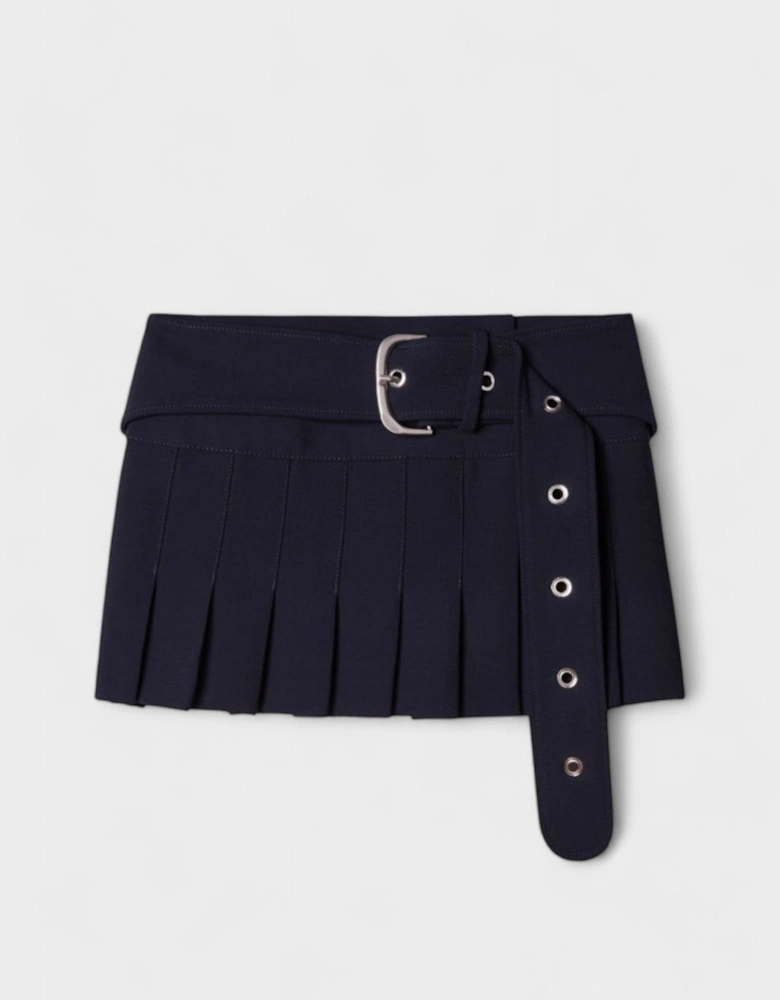 Stretch Belted Pleated Miniskirt Blue