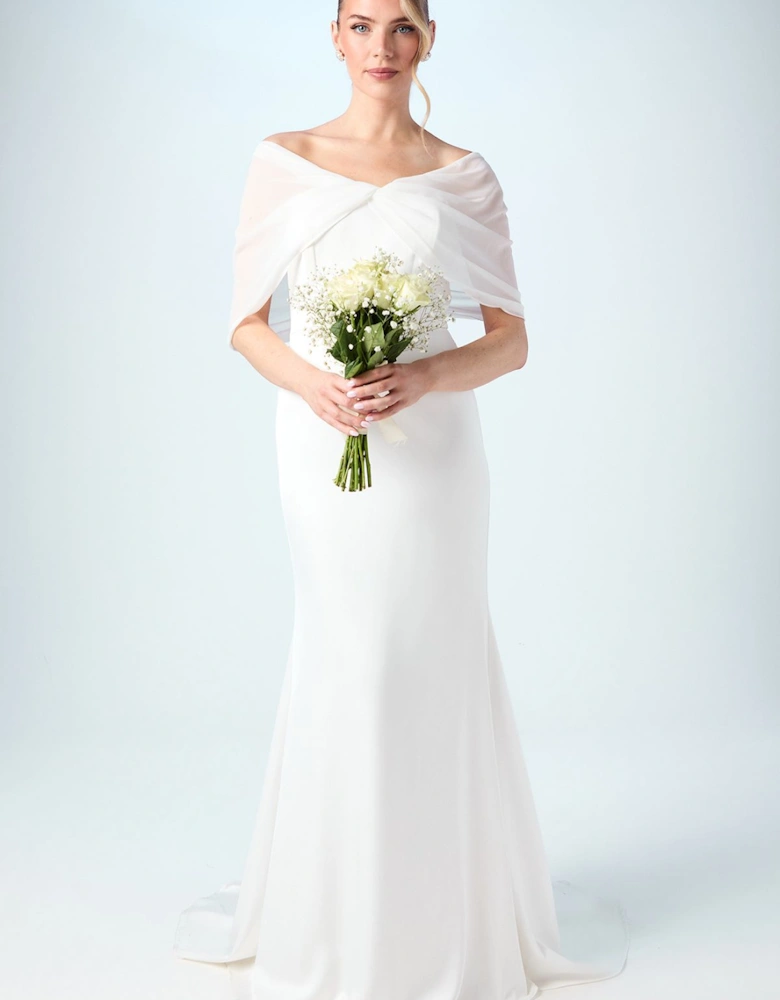 Chiffon Bardot Satin Maxi Wedding Dress with Drape Detail