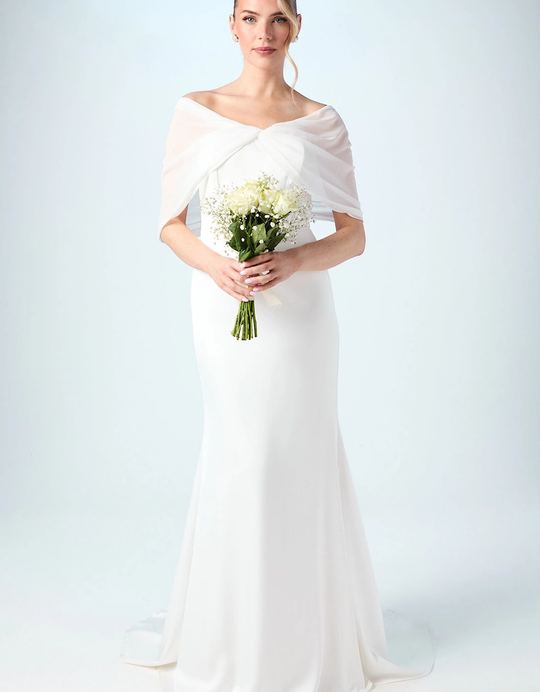 Chiffon Bardot Satin Maxi Wedding Dress with Drape Detail, 2 of 1