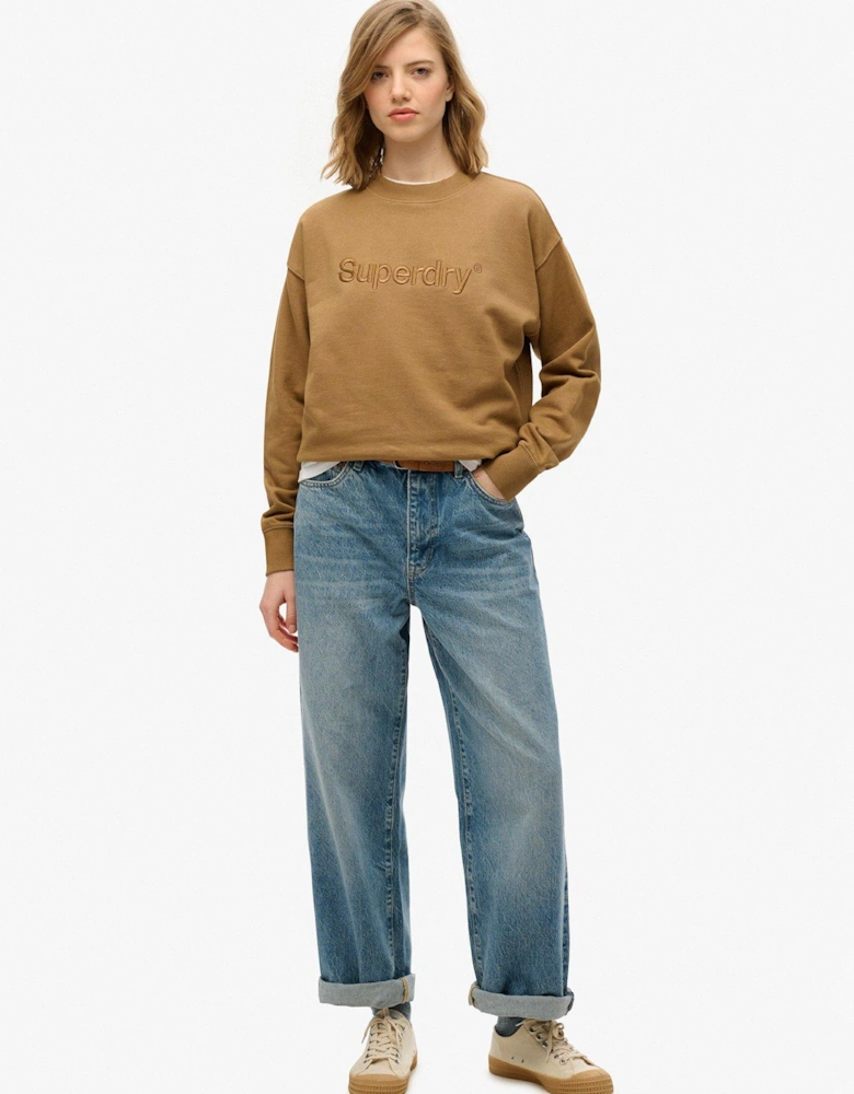 Embroidered Logo Crew Neck Sweatshirt - Beige