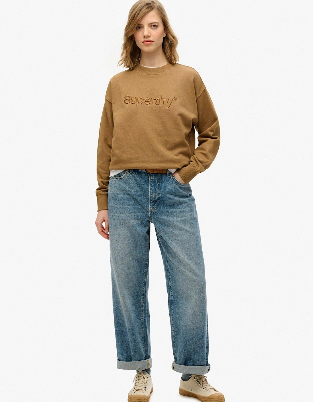 Embroidered Logo Crew Neck Sweatshirt - Beige