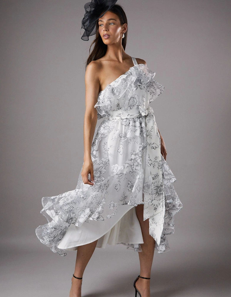 Mono Races Printed Organza One Shoulder Dress