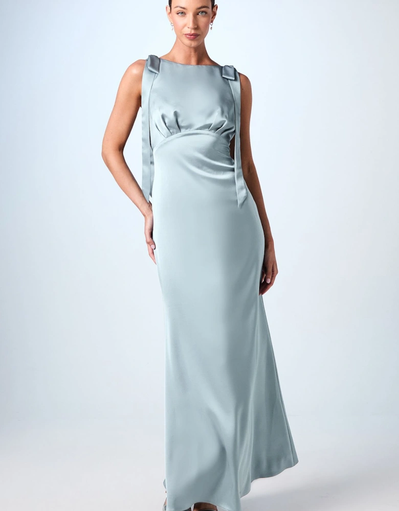 Honoured Sleeveless High Neck Tie Shoulder Satin Maxi Bridesmaid Dress
