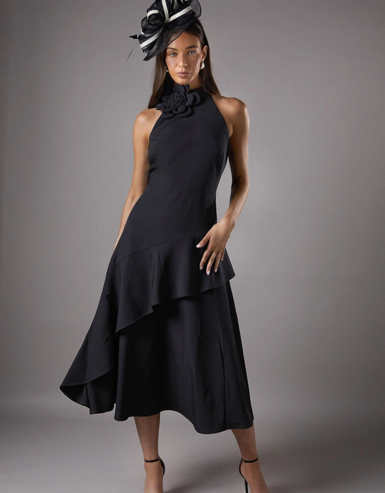 High Neck Corsage Detail Midi Dress