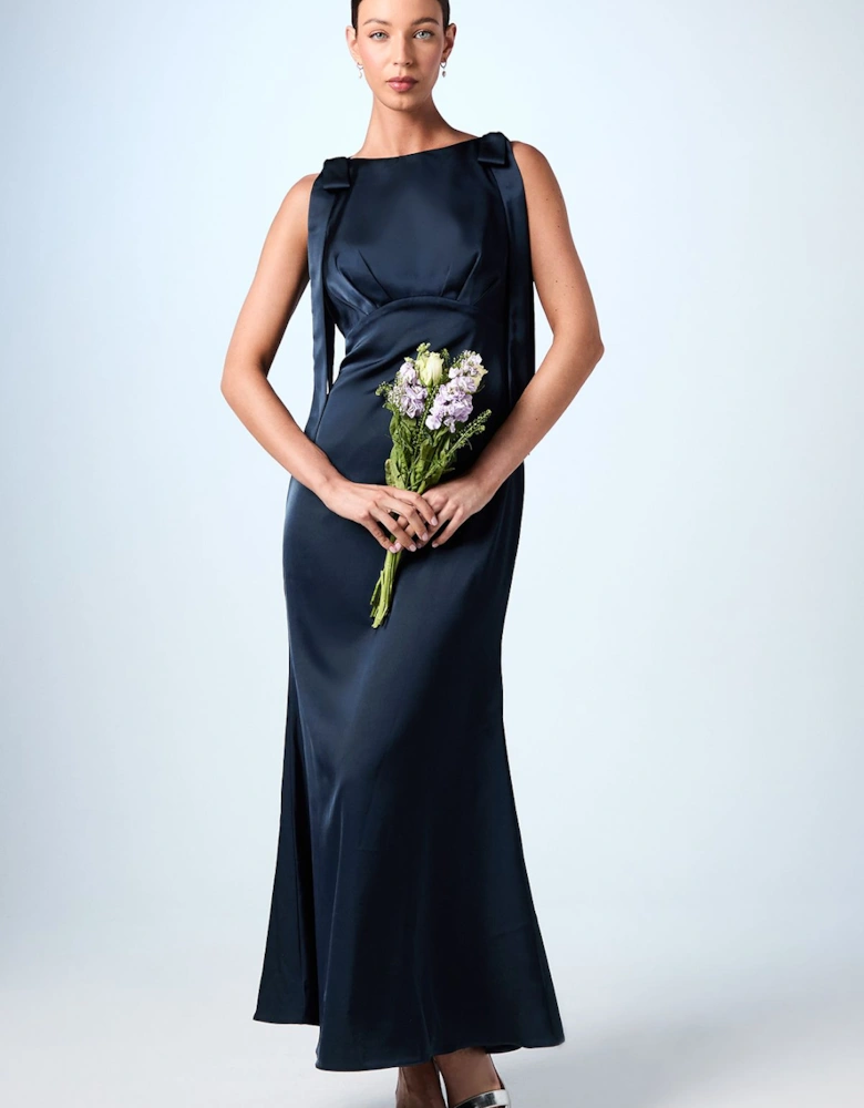 Honoured Petite Sleeveless High Neck Tie Shoulder Satin Maxi Bridesmaid Dress