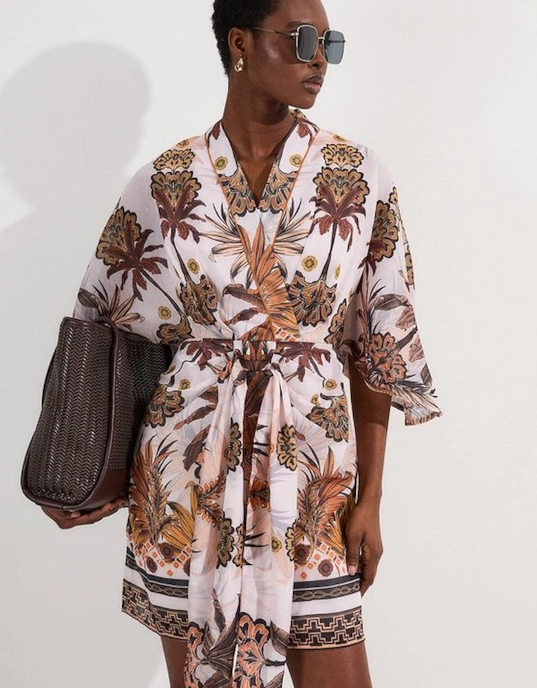 Petite Abstract Print Cotton Kimono Sleeve Woven Mini Dress
