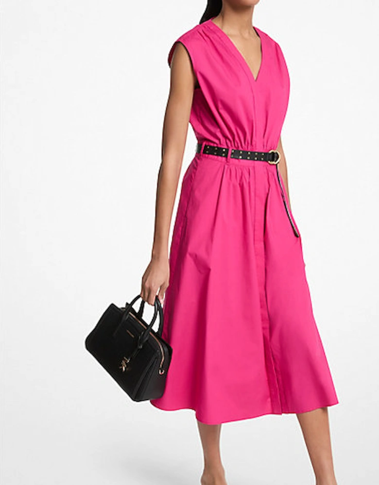Stretch Cotton Poplin Belted Dress