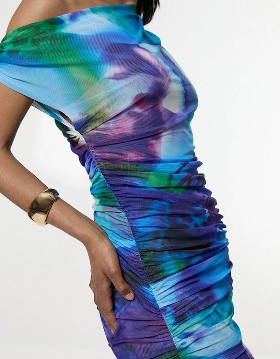Printed Mesh Jersey One Shoulder Midi Dress