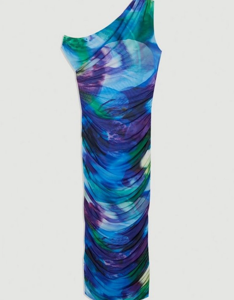 Printed Mesh Jersey One Shoulder Midi Dress