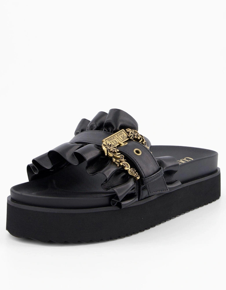 Ruffle Buckle Slip On Chunky Sandal - Black