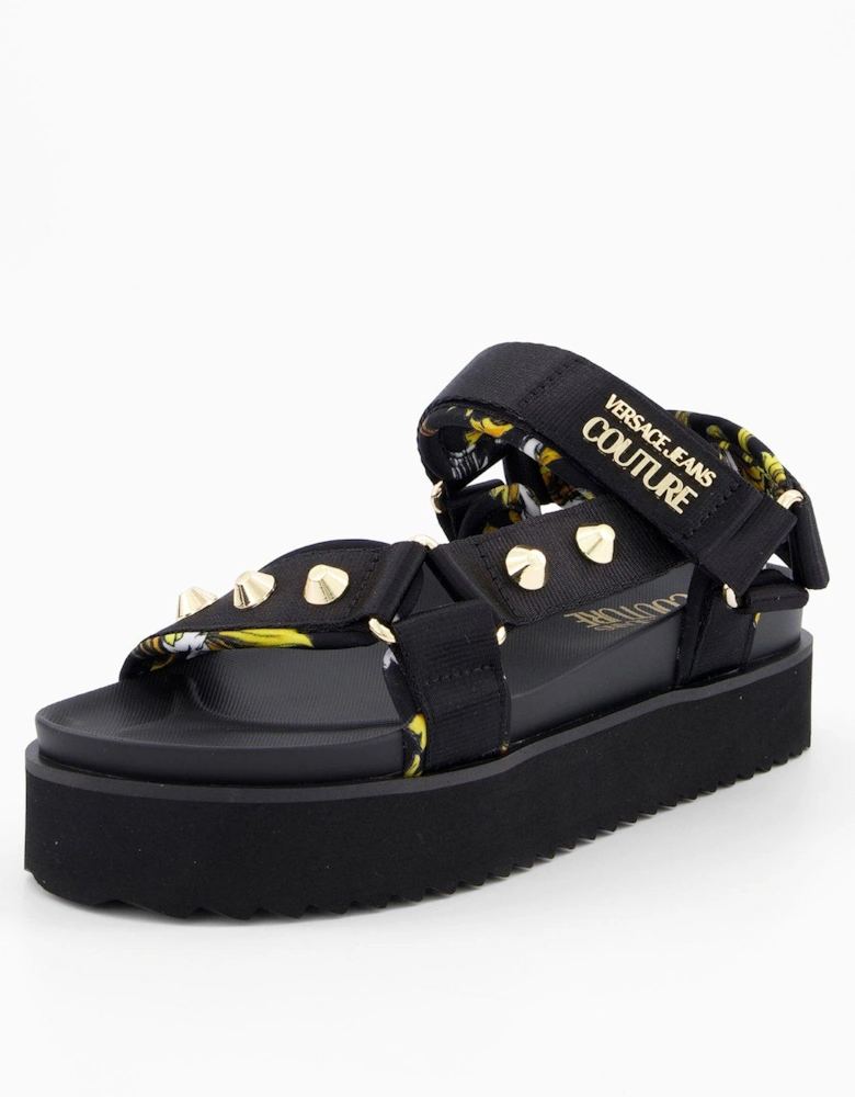 Ribbon Neoprene Studded Chunky Sandal - Black/Gold