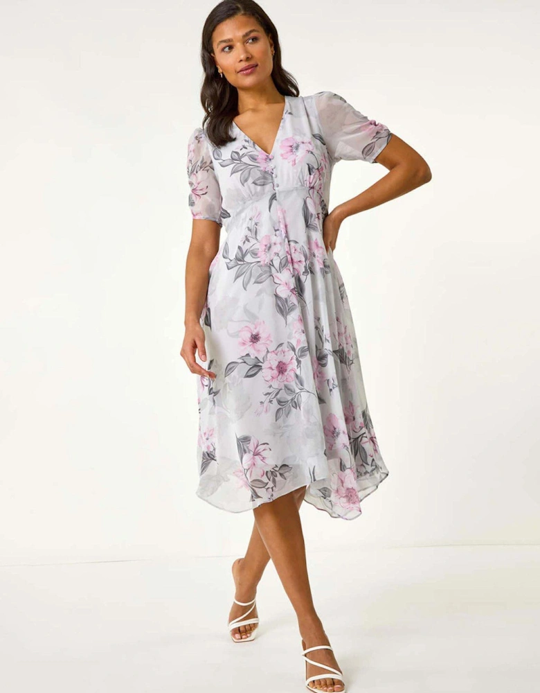 Floral Print Hanky Hem Midi Dress - Pink