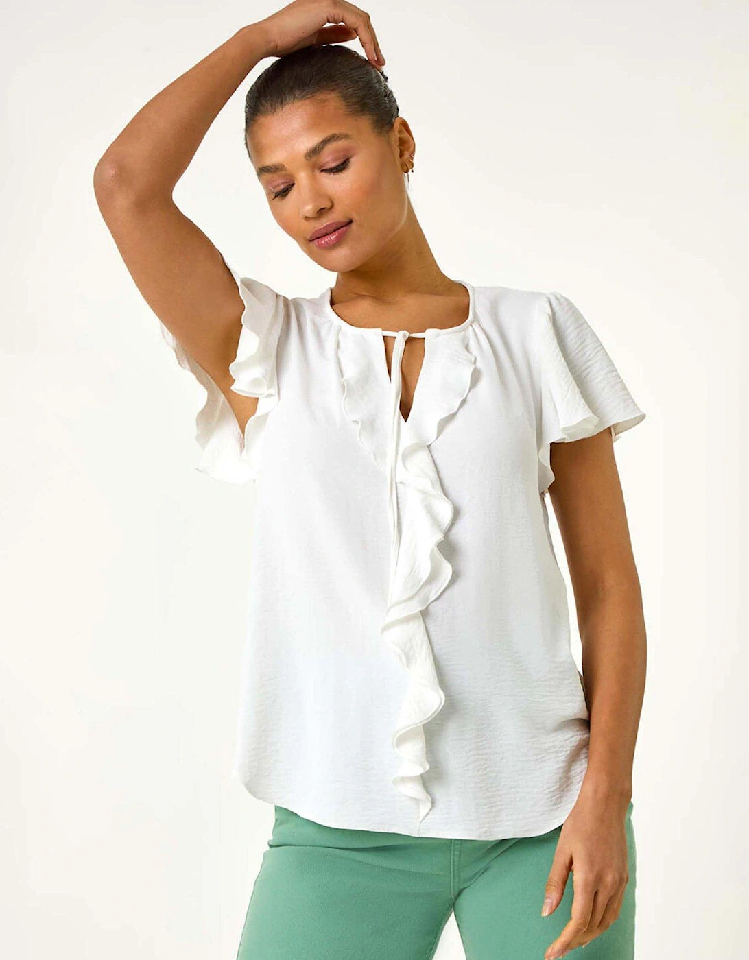Frilled Sleeve Tie Front Top - White, 2 of 1