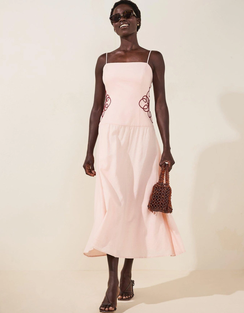 Arabelle Applique Linen Midi Dress - Pink