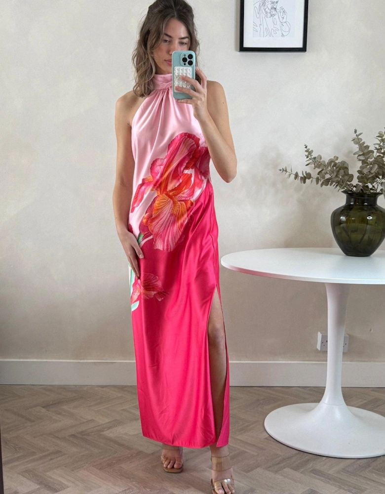 Halter Neck Tropical Floral Midi Dress - Pink