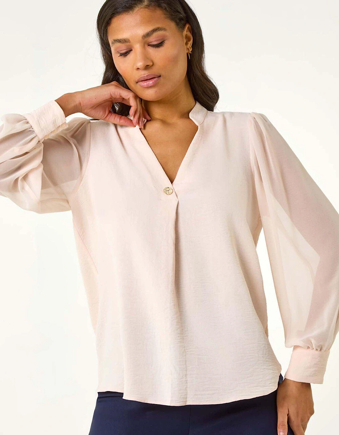 Chiffon Sleeve V-neck Pleated Top - Pink, 2 of 1