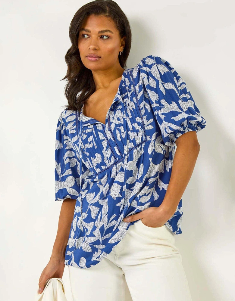 Leaf Print Tie Neck Pleated Top - Blue