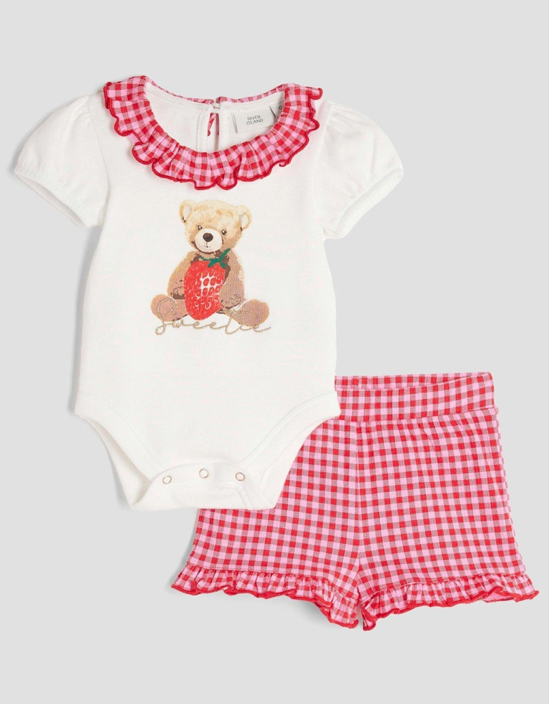 Girl Bear Gingham Shorts Set - Cream