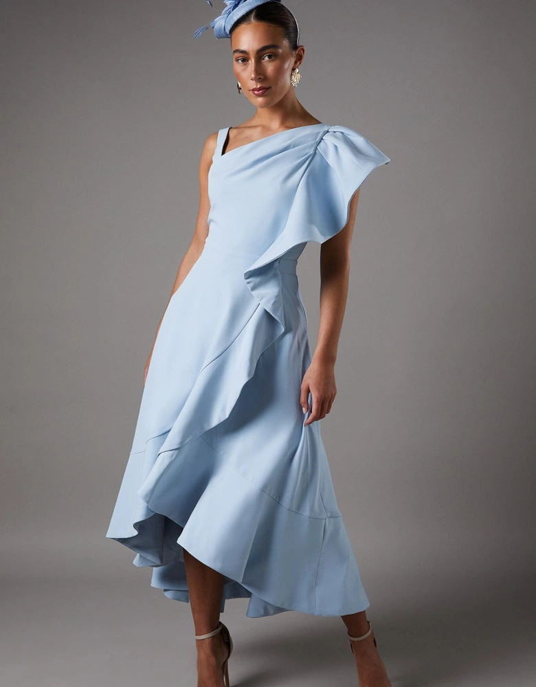 One Shoulder Crepe Ruffle Midi Dress