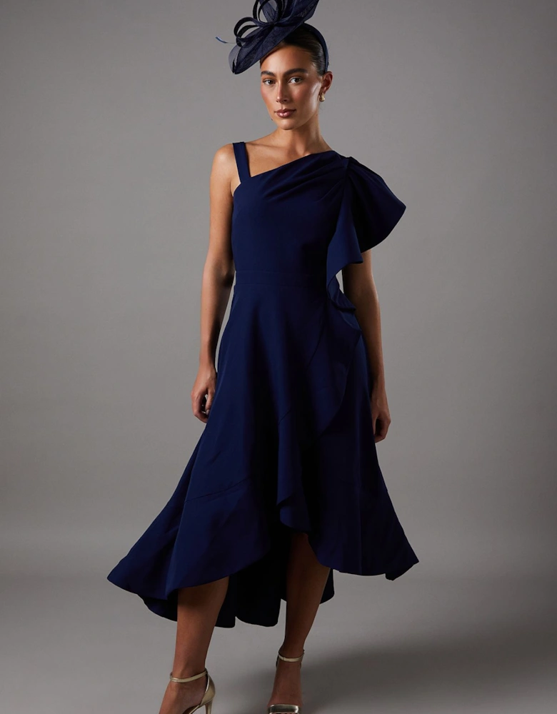 One Shoulder Crepe Ruffle Midi Dress