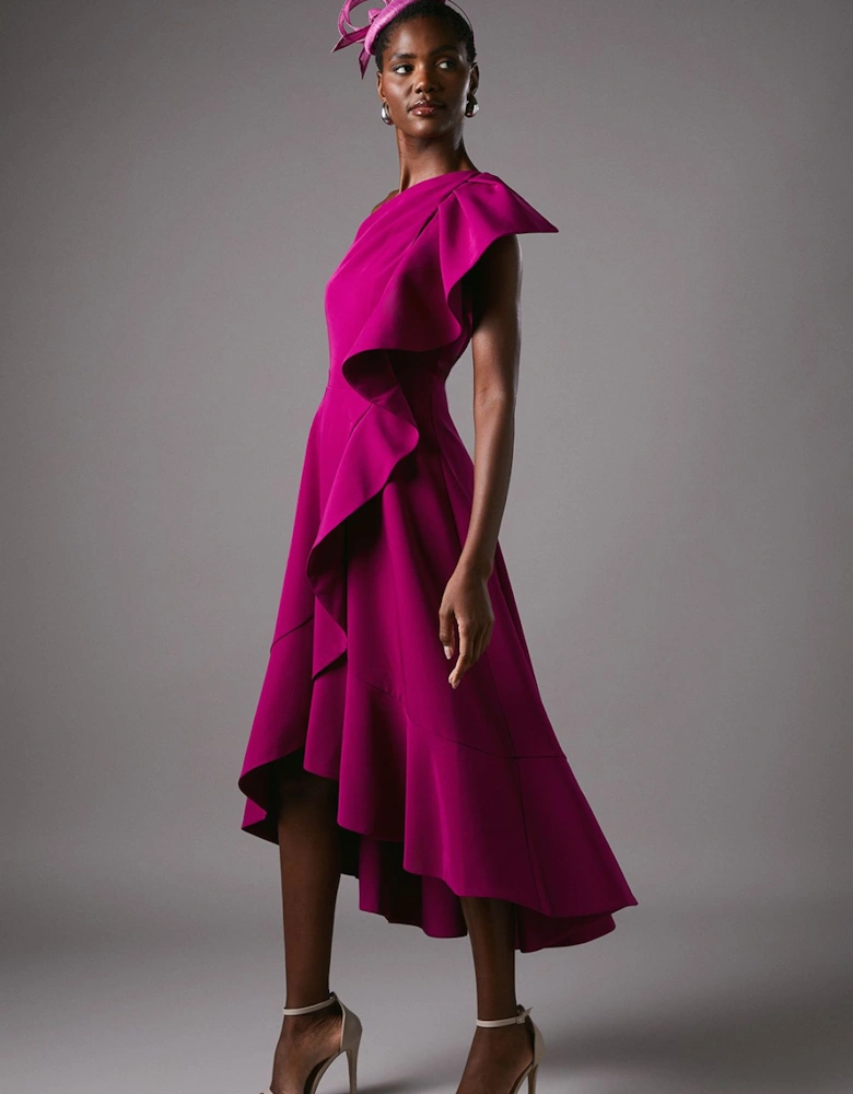 One Shoulder Crepe Ruffle Midi Dress