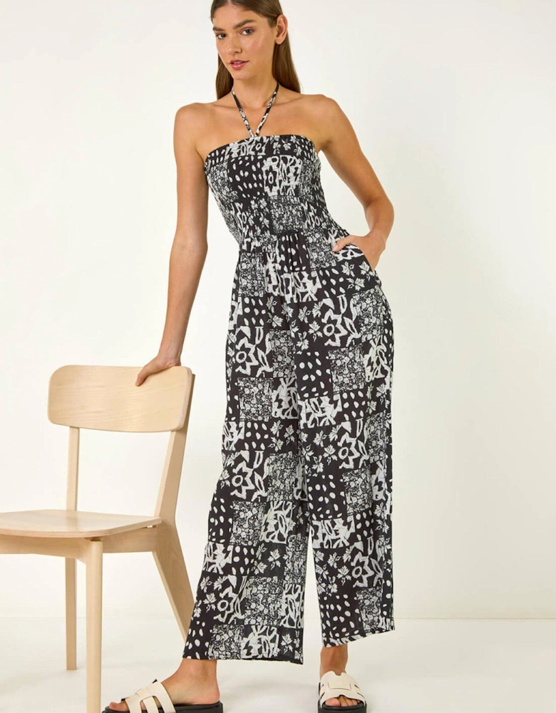 Abstract Print Shirred Bandeau Jumpsuit - Black