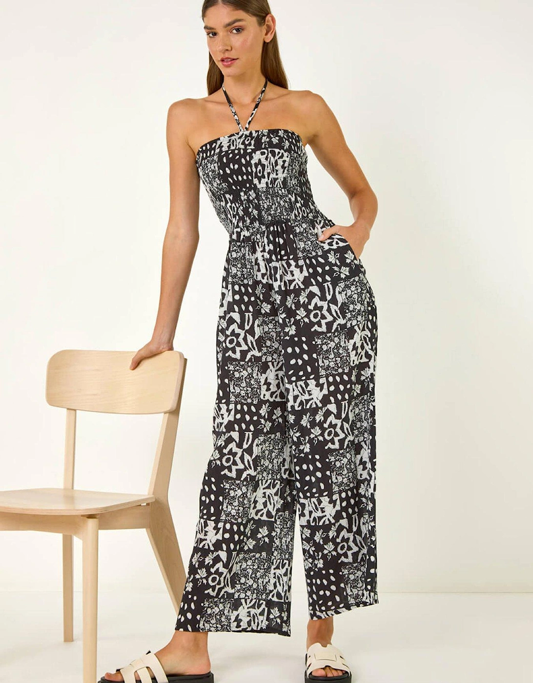 Abstract Print Shirred Bandeau Jumpsuit - Black, 2 of 1