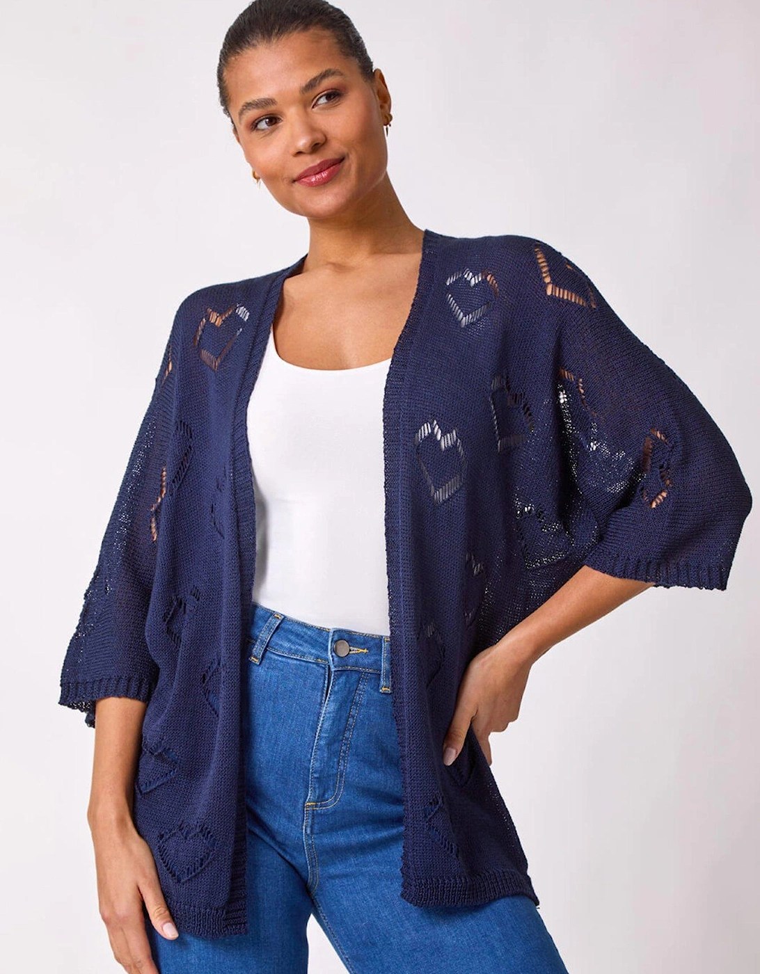Pointelle Heart Knit Cardigan - Navy, 2 of 1