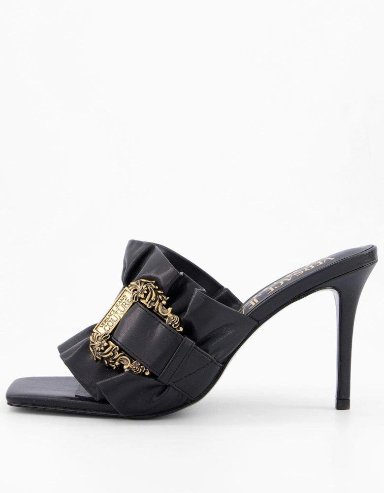 Ruffle Buckle Heeled Mules - Black