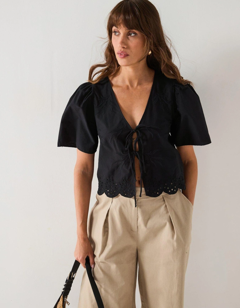 Alice Short Sleeve Tie Top - Black