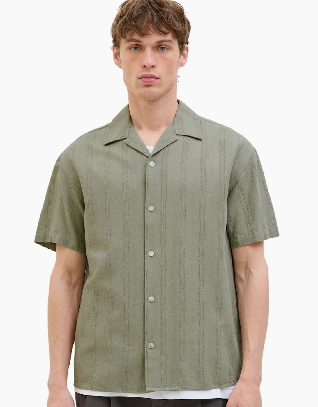 Jack & Jones Men's Tan Loose Fit Resort Collar Short Sleeve Shirt - Size: 44/Regular
