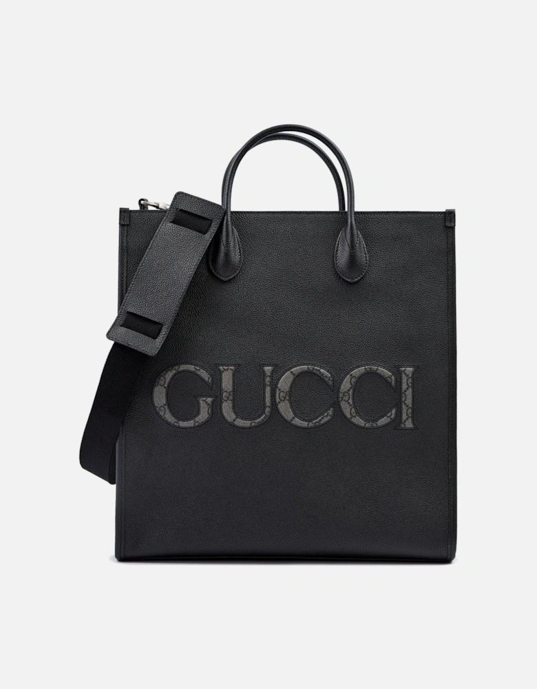 Leather Logo Medium Tote Bag with Shoulder Strap Women - Black
