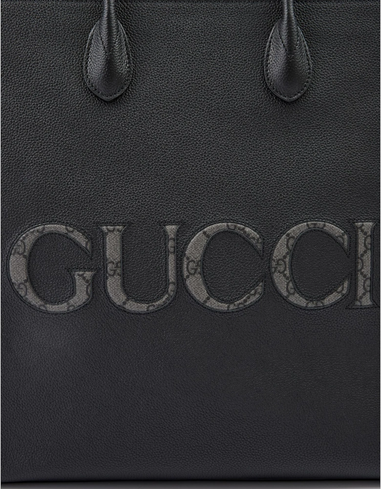 Leather Logo Medium Tote Bag with Shoulder Strap Women - Black