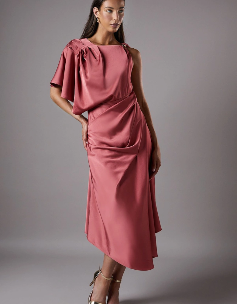 Asymmetric Pleated Midi Holiday Dress With Gold Detail