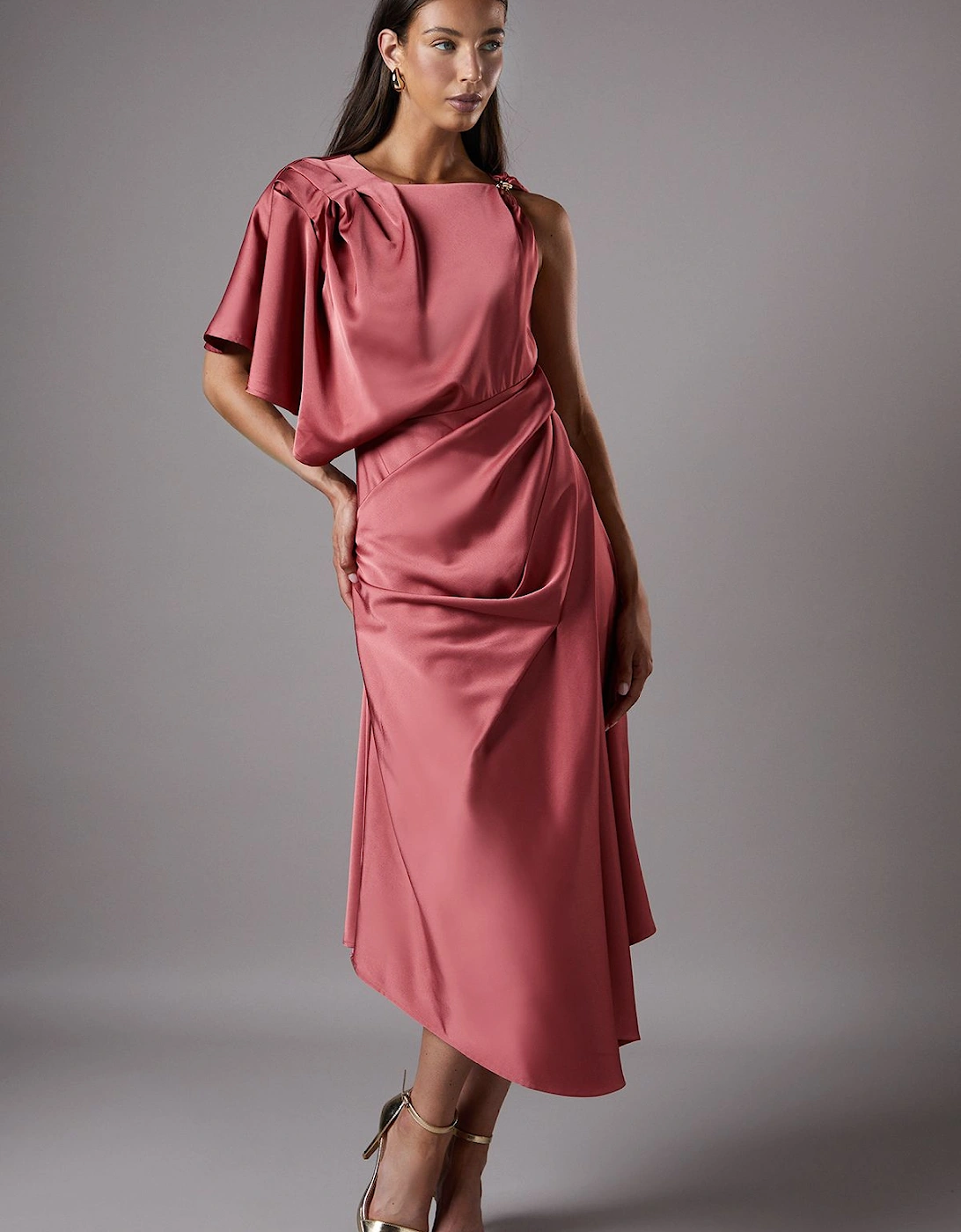 Asymmetric Pleated Midi Holiday Dress With Gold Detail, 2 of 1